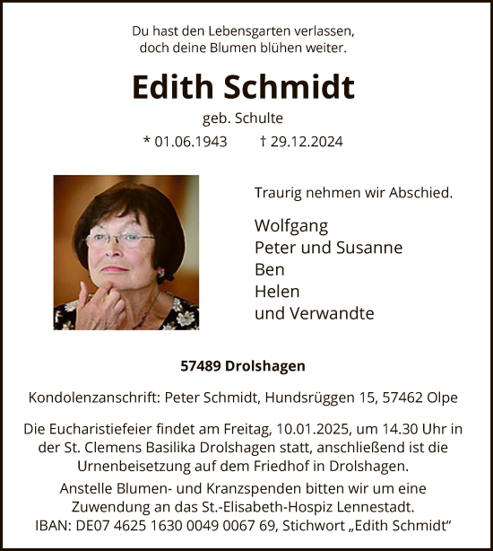Traueranzeige von Edith Schmidt von WA