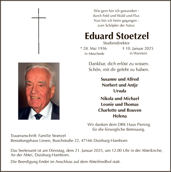 Traueranzeige von Eduard Stoetzel von WA