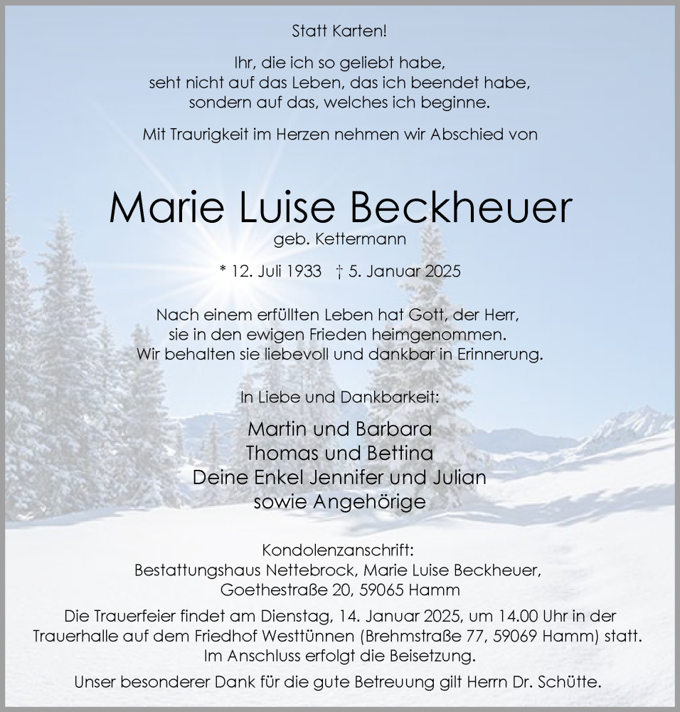  Traueranzeige für Marie Luise Beckheuer vom 16.01.2025 aus WA
