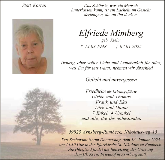 Traueranzeige von Elfriede Mimberg von WA