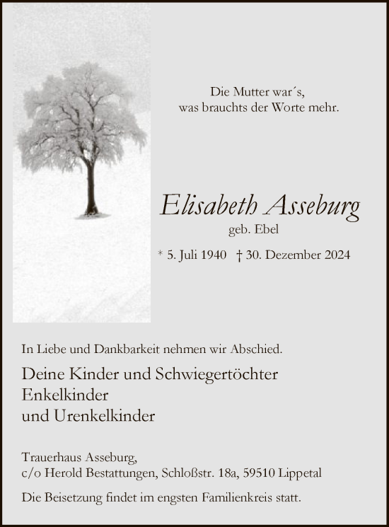 Traueranzeige von Elisabeth Asseburg von WA