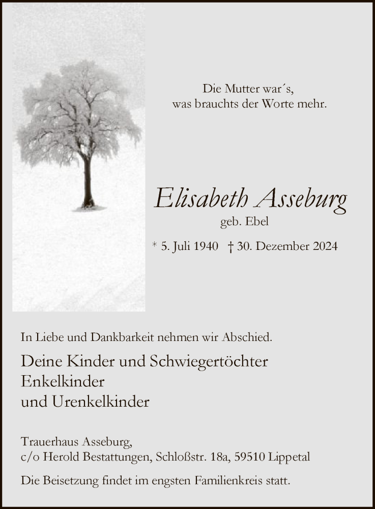  Traueranzeige für Elisabeth Asseburg vom 07.01.2025 aus WA