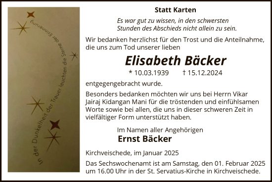 Traueranzeige von Elisabeth Bäcker von WA