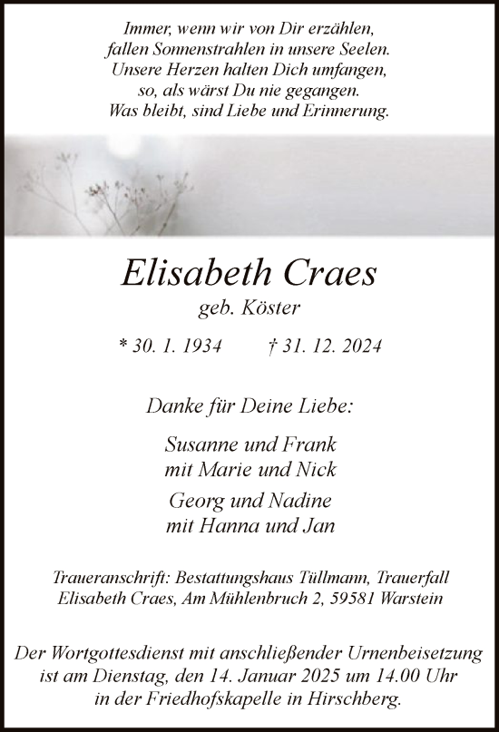 Traueranzeige von Elisabeth Craes von WA