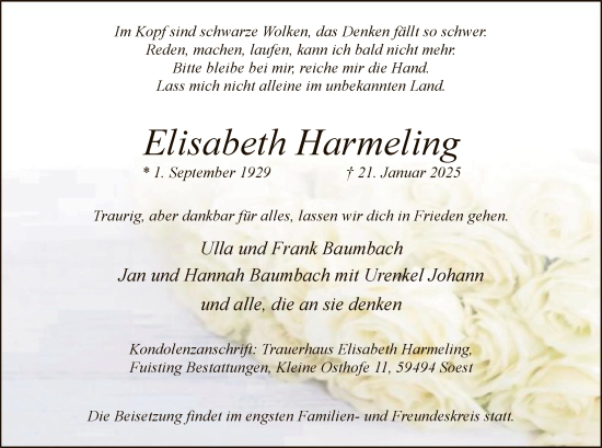 Traueranzeige von Elisabeth Harmeling von WA
