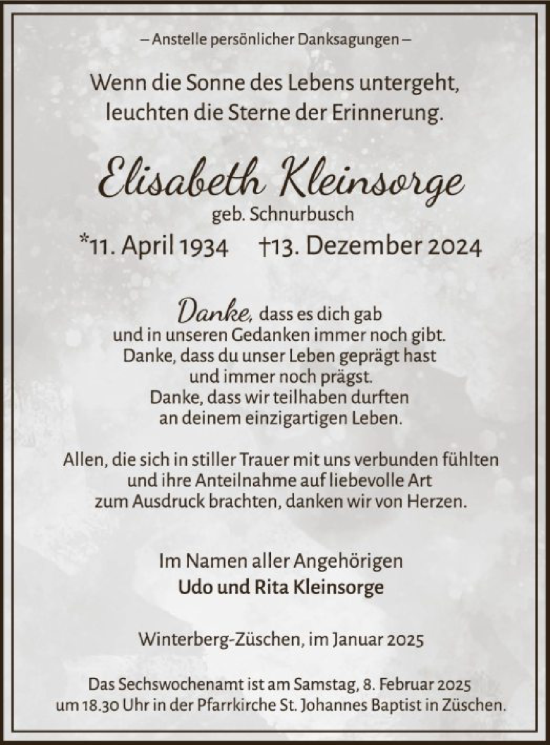 Traueranzeige von Elisabeth Kleinsorge von WA