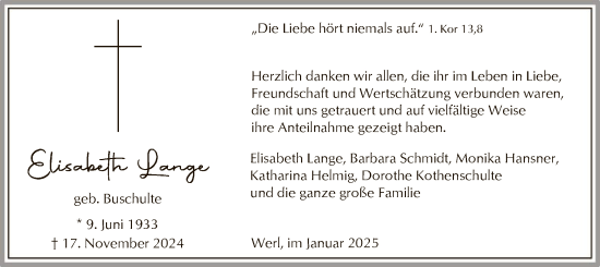 Traueranzeige von Elisabeth Lange von WA
