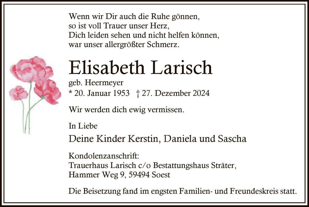  Traueranzeige für Elisabeth Larisch vom 10.01.2025 aus WA
