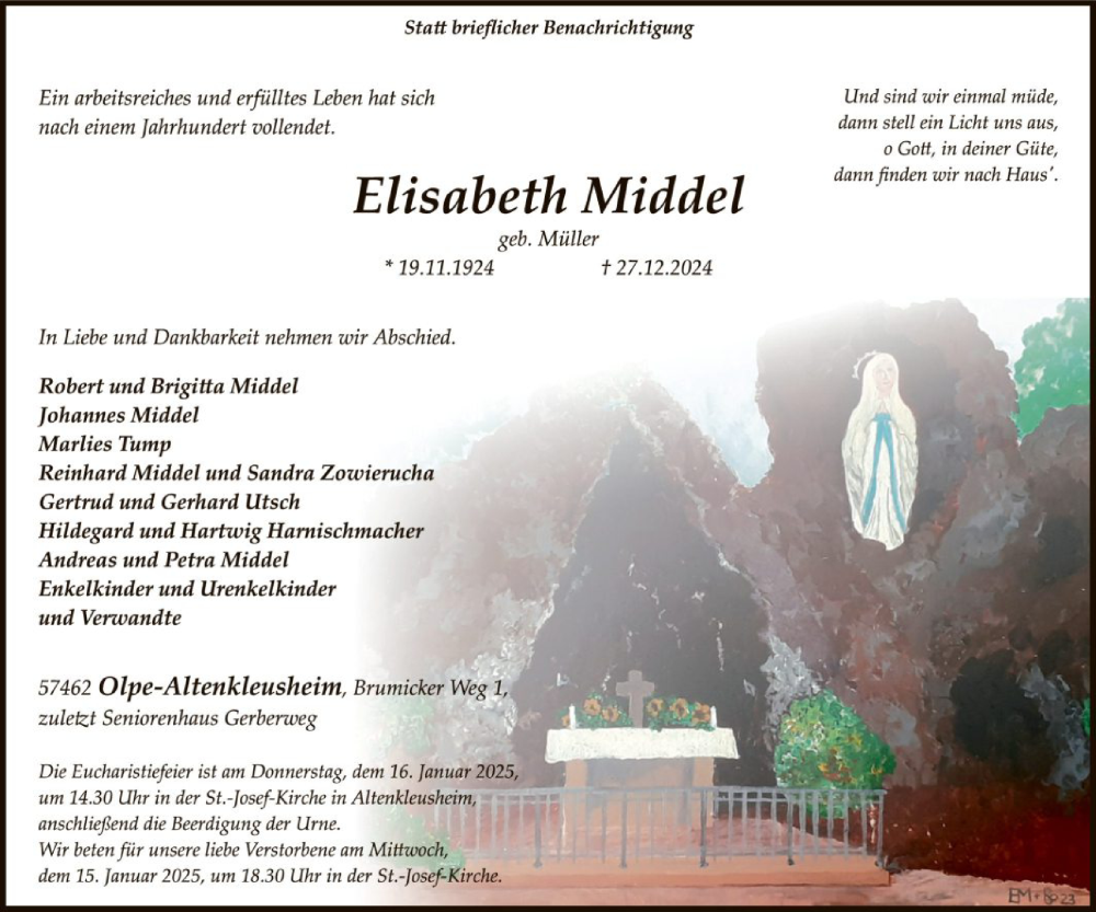  Traueranzeige für Elisabeth Middel vom 04.01.2025 aus WA