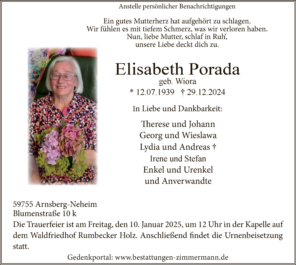  Traueranzeige für Elisabeth Porada vom 04.01.2025 aus WA