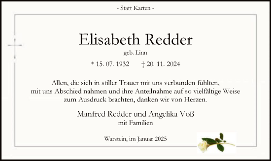 Traueranzeige von Elisabeth Redder von WA