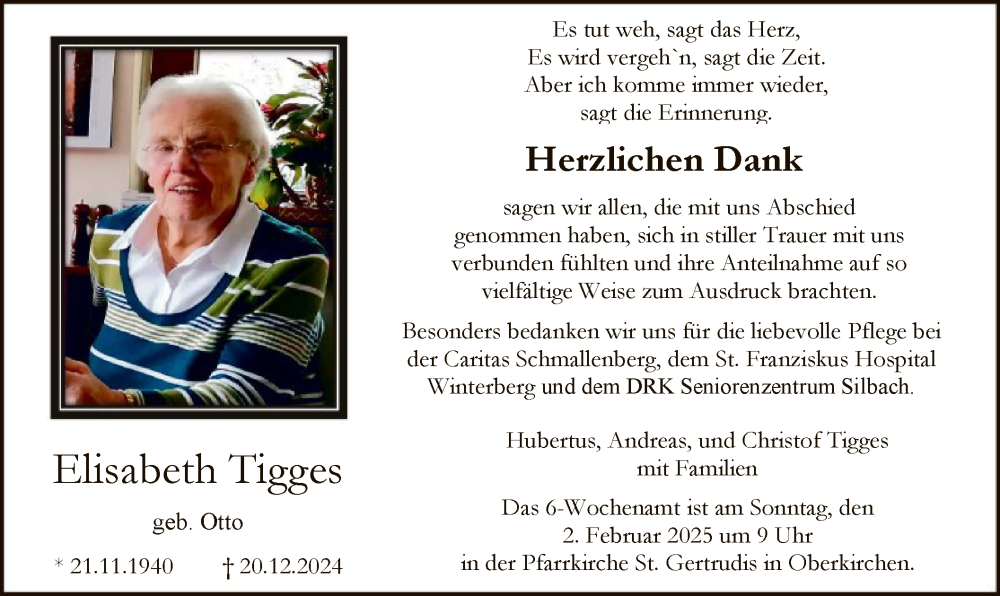  Traueranzeige für Elisabeth Tigges vom 25.01.2025 aus WA