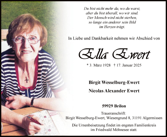 Traueranzeige von Ella Ewert von WA