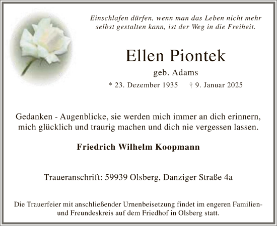 Traueranzeige von Ellen Piontek von WA