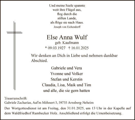 Traueranzeige von Else Anna Wulf von WA