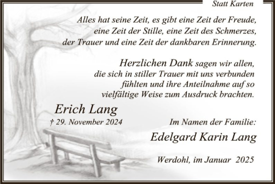Traueranzeige von Erich Lang von WA