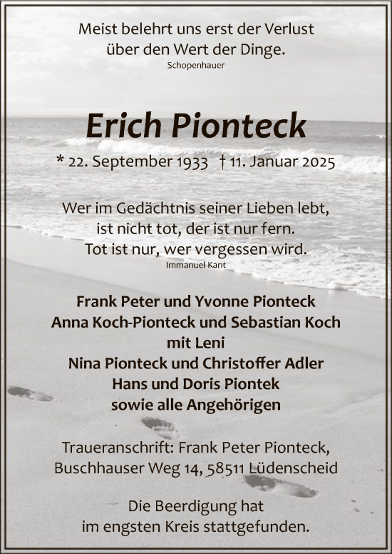 Traueranzeige von Erich Pionteck von WA