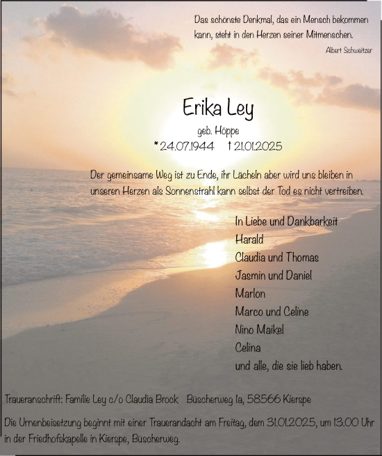 Traueranzeige von Erika Ley von WA