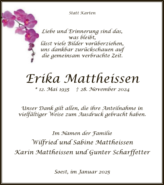 Traueranzeige von Erika Mattheissen von WA