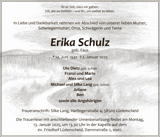 Traueranzeige von Erika Schulz von WA
