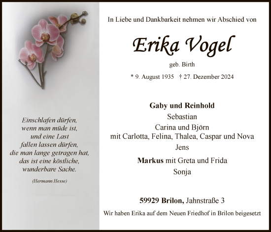 Traueranzeige von Erika Vogel von WA