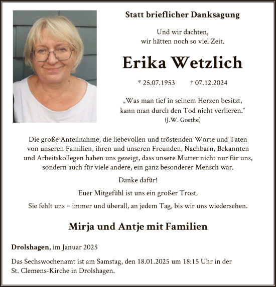 Traueranzeige von Erika Wetzlich von WA