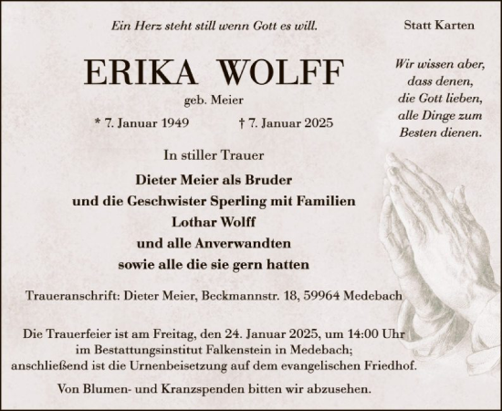 Traueranzeige von Erika Wolff von WA