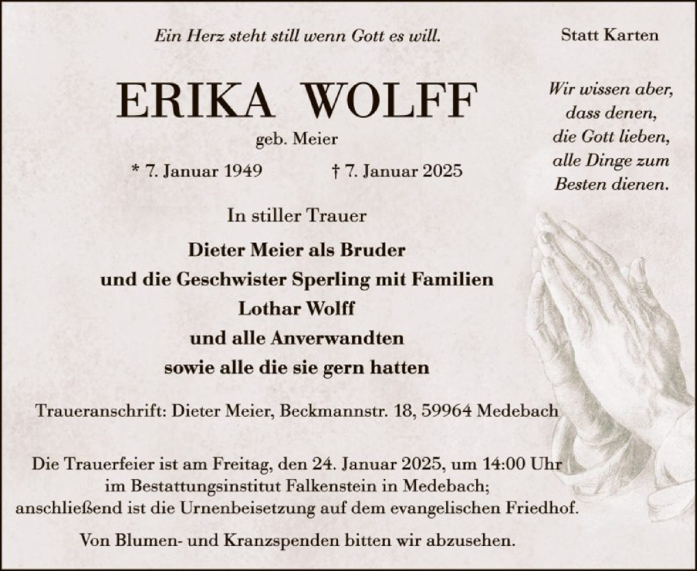  Traueranzeige für Erika Wolff vom 18.01.2025 aus WA