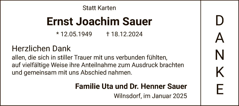  Traueranzeige für Ernst Joachim Sauer vom 25.01.2025 aus WA