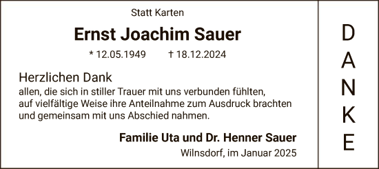 Traueranzeige von Ernst Joachim Sauer von WA