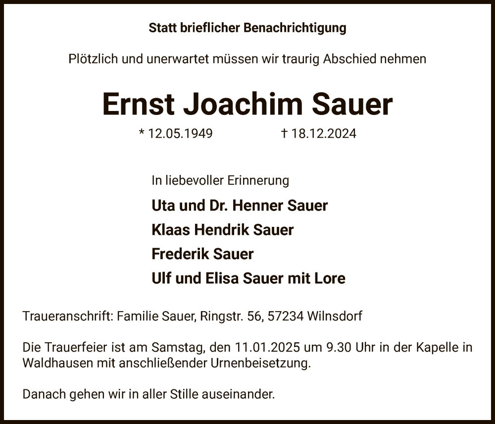  Traueranzeige für Ernst Joachim Sauer vom 04.01.2025 aus WA
