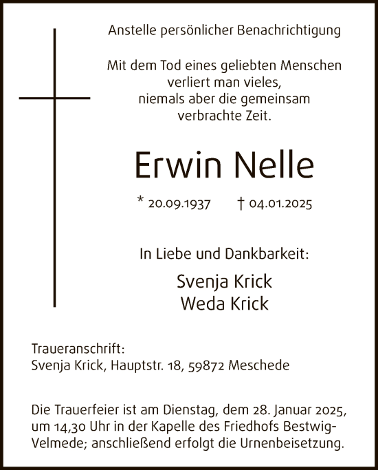 Traueranzeige von Erwin Nelle von WA