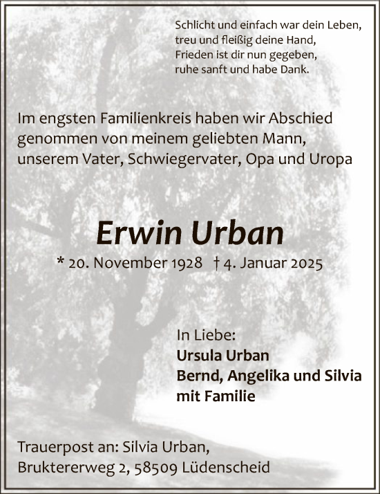 Traueranzeige von Erwin Urban von WA
