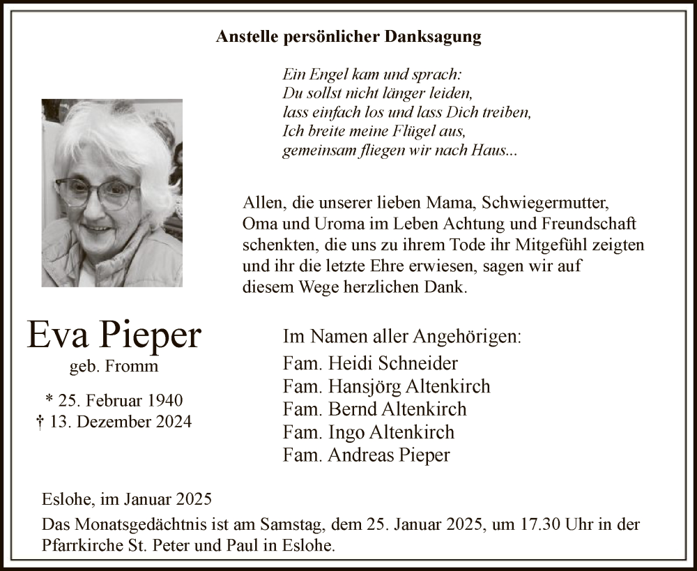  Traueranzeige für Eva Pieper vom 18.01.2025 aus WA