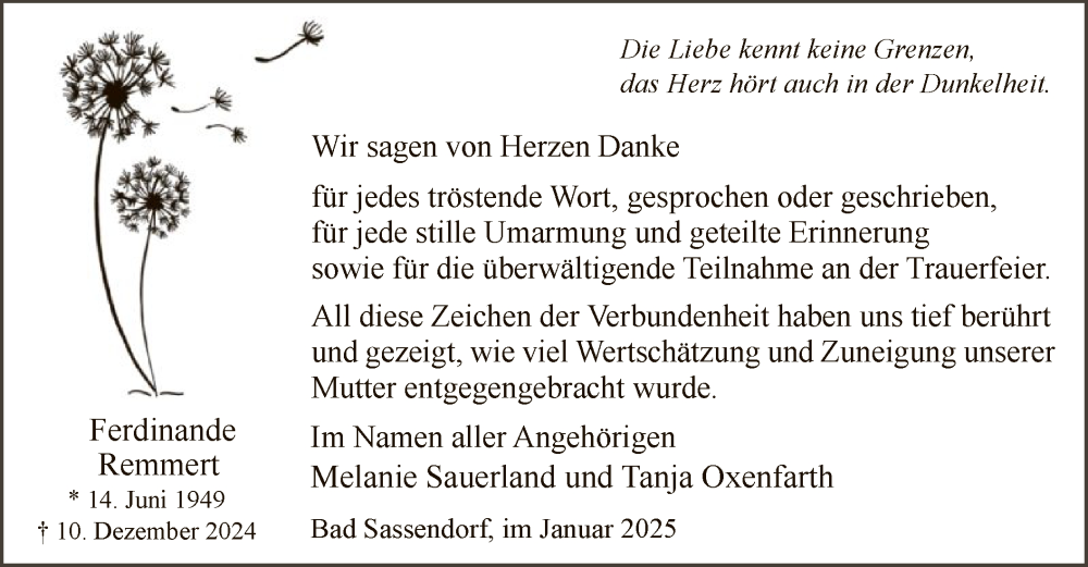  Traueranzeige für Ferdinande Remmert vom 25.01.2025 aus WA