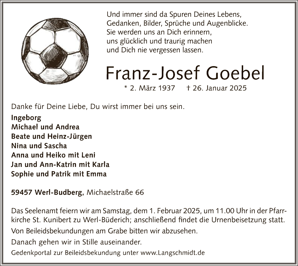  Traueranzeige für Franz-Josef Goebel vom 29.01.2025 aus WA