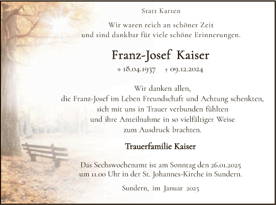 Traueranzeige von Franz-Josef Kaiser von WA