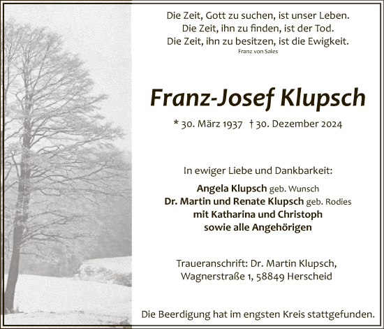 Traueranzeige von Franz-Josef Klupsch von WA