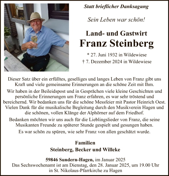 Traueranzeige von Franz Steinberg von WA
