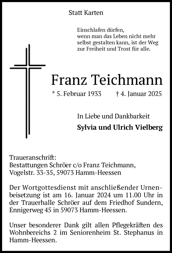  Traueranzeige für Franz Teichmann vom 11.01.2025 aus WA