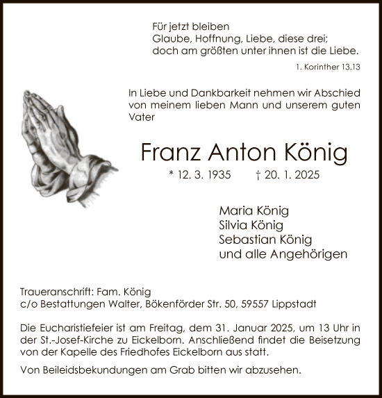 Traueranzeige von Franz Anton König von WA