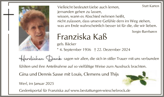 Traueranzeige von Franziska Kaß von WA