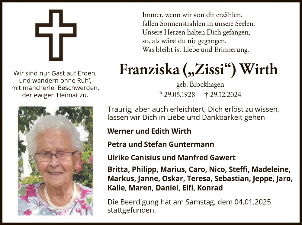  Traueranzeige für Franziska Wirth vom 04.01.2025 aus WA