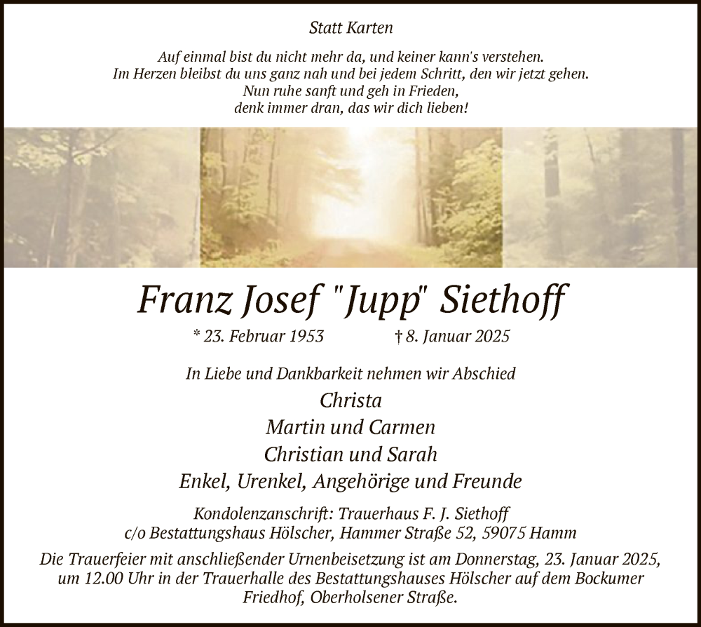  Traueranzeige für Franz Josef Siethoff vom 18.01.2025 aus WA