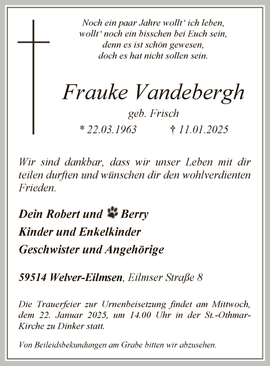 Traueranzeige von Frauke Vandebergh von WA