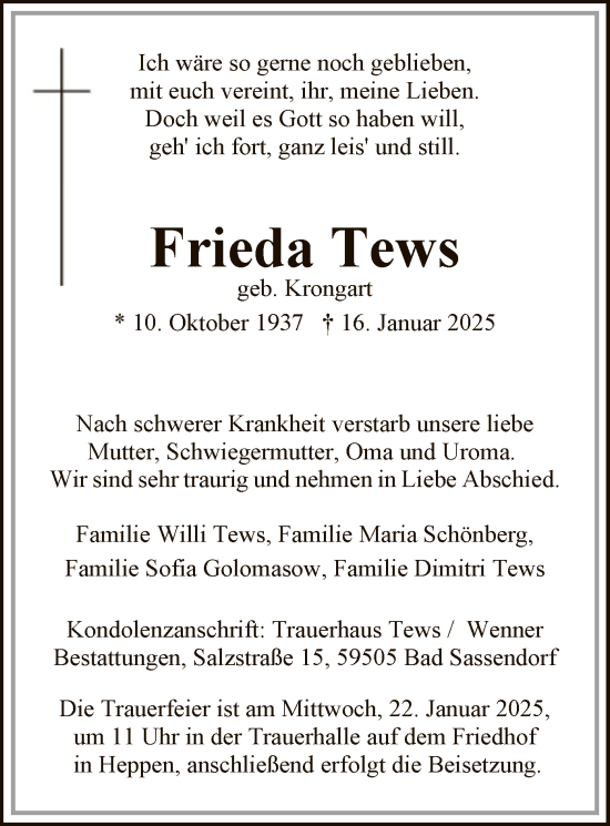 Traueranzeige von Frieda Tews von WA