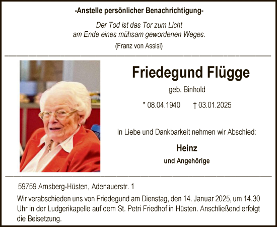 Traueranzeige von Friedegund Flügge von WA