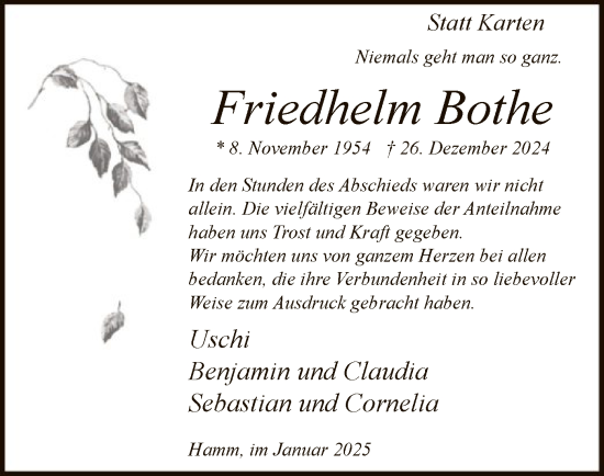 Traueranzeige von Friedhelm Bothe von WA