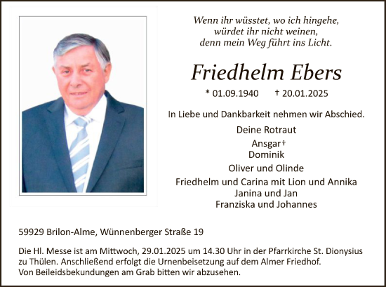 Traueranzeige von Friedhelm Ebers von WA
