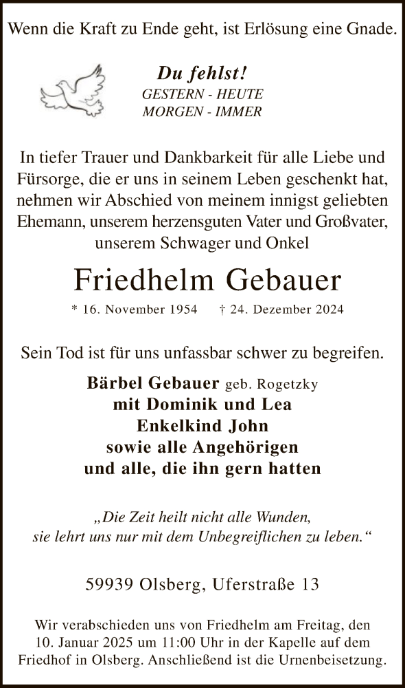  Traueranzeige für Friedhelm Gebauer vom 04.01.2025 aus WA